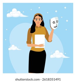 A woman with a mask in her hands. Hiding sad feelings with false positive emotions. Flat vector illustration.