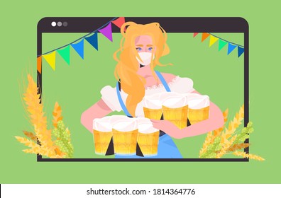 woman in mask holding beer mugs Oktoberfest party festival celebration self isolation coronavirus pandemic concept web browser window portrait horizontal vector illustration