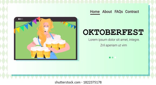 woman in mask holding beer mugs Oktoberfest party festival celebration self isolation coronavirus pandemic concept web browser window portrait horizontal copy space vector illustration