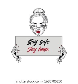 Woman in mask keeping banner stay home