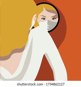 woman with mask looking at herself in the mirror