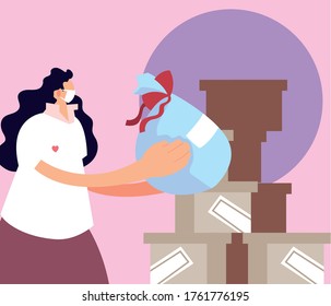 woman with mask and market to deliver donation vector illustration desing