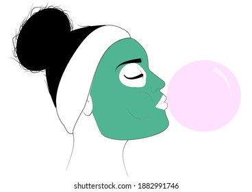A woman with a mask on her face is blowing a bubble of chewing gum. svg