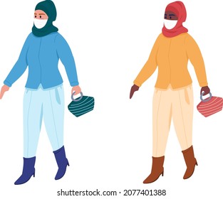 Woman in mask on walk semi flat color vector character set. Posing figures. Full body people on white. Winter isolated modern cartoon style illustration for graphic design and animation bundle