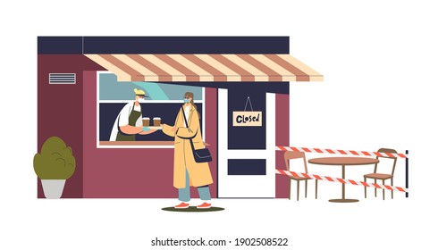 Woman In Mask Order Coffee To Go During Covid Quarantine. Takeaway Coffeeshop Concept. Food And Beverages Takeout And Take Away. Cartoon Flat Vector Illustration