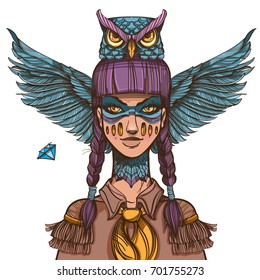 Woman with mask of an owl. Beautiful girl in a hat in the form of an owl head. Illustration for tattoos and dazain clothes, posters, fashion shows.