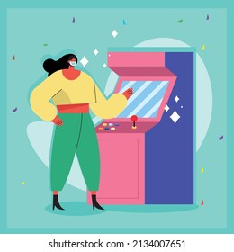 Woman with mask playing arcade