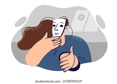 Woman in mask reaches out hand wanting to say hello and make deal, for concept scam or deception and hypocrisy. Swindler in mask is engaged in scam and ingratiates to commit crimes.