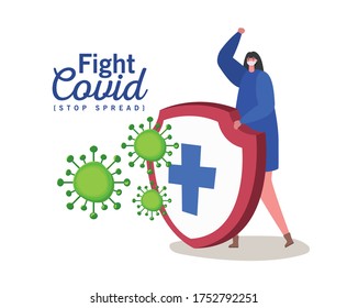 Woman with mask and shield with cross design of Fight covid 19 virus and stop spread theme Vector illustration