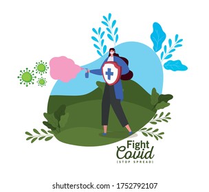 Woman with mask shield with cross and spray design of Fight covid 19 virus and stop spread theme Vector illustration