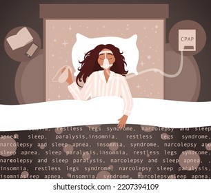 Mujer enmascarada durmiendo con máquina de Papanicolaou, concepto de sueño sano (CPAP) tratamiento de la apnea del sueño obstructiva. Colección de problemas y trastornos del sueño. Dibujo vectorial plano de dibujos animados