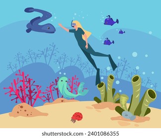 Woman in mask, snorkel and flippers diving vector illustration. Fish, corals on background. Scuba diving, hobby, underwater world concept