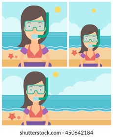 Woman in mask, tube and rubber ring standing on the background of beach and sea. Woman wearing snorkeling equipment on the beach. Vector flat design illustration. Square, horizontal, vertical layouts.