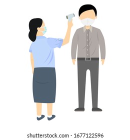 The woman with mask using an infrared thermometer checking temperature of a man opposite her vector