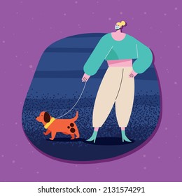 Woman with mask walking dog