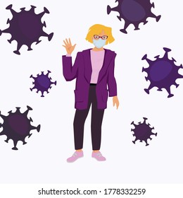 A woman in a mask waves hand to greet safely. Keeping distance and using alternative ways of greeting is crucial in times of viruses. Vector illustration can be used as a card or display. 