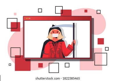 woman in mask wearing grim reaper costume happy halloween holiday celebration self isolation coronavirus quarantine concept web browser window portrait horizontal vector illustration