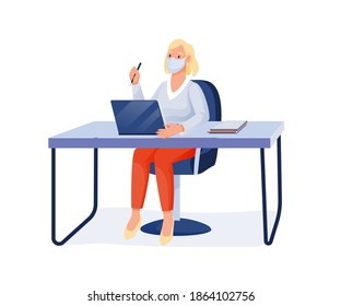 Woman in mask working in office at desk with laptop. Workplace in coronavirus pandemic vector illustration. Young girl sitting at table with laptop, papers and pen on white background.