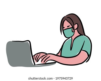 Woman with mask working on computer vector illustration