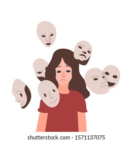 Woman with masks expressing various emotions.Concept of hiding personality or individuality, psychological problem. Colorful vector illustration.