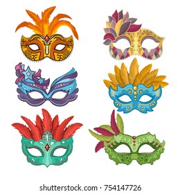 Woman masks with feathers for masquerade. Collection of masquerade mask, carnival venetian. Vector illustration