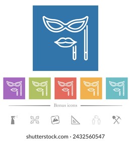 Woman masquerade mask with stick outline flat white icons in square backgrounds. 6 bonus icons included.