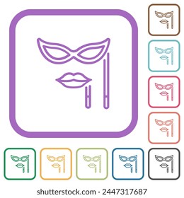 Woman masquerade mask with stick outline simple icons in color rounded square frames on white background