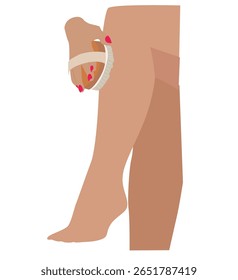 woman with massage brush and anti-cellulite cream. Dry brushing to get ride of cellulite on her thighs. Body care and beauty treatment 