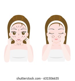 woman massage and scrub face with arrows in flat design, for skin care product