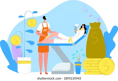 Woman massage skin care, female lying on couch read magazine, concept money massage therapy line flat vector illustration, isolated on white. Modern tree gold coin, big cash finance bag.