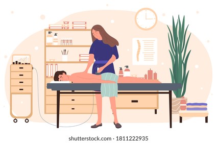 Woman massage therapist gives a massage to a young man lying on the couch face down. Flat vector illustration