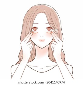 Woman massasing under eyes. On a white background.