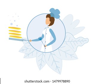 Woman Master Chef in Circle Surrounded Plants Leaves. Woman Cooking Several Pancakes on Pan Cartoon. Floating Frying Crepes and Flat Bubbles. Vector Presentation Illustration. Logo Mockup