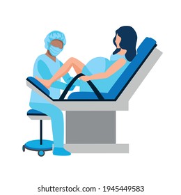 A woman in a maternity hospital struggles to give birth to a child and an obstetrician helps her. Vector illustration of childbirth isolated on white background.