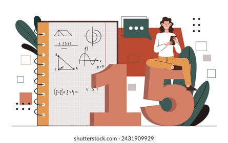 Woman in mathematic class. Young girl sitting near notepad with geometric figures and formulas. Education, learning and training. Cartoon flat vector illustration isolated on white background