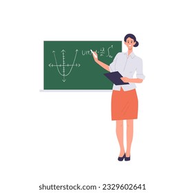 Woman mathematician female teacher character explaining task from math subject at blackboard