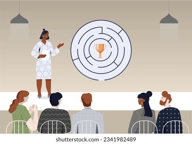 Woman with maze concept. Educational materials and puzzle. Circular labyrinth with golden goblet in center. Motivation, leadership and success metaphor. Cartoon flat vector illustration