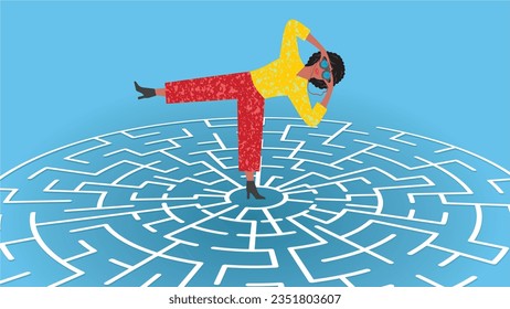 Woman at maze game, labyrinth trying hard to find what choice she could do in strategy. Dimension 16:9. Vector illustration