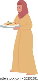 Woman with meal on plate semi flat color vector character. Standing figure. Full body person on white. Dinner preparation isolated modern cartoon style illustration for graphic design and animation