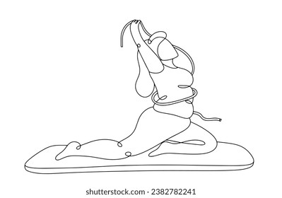A woman measures her waist with a centimeter while playing sports. Weight loss results. International Obesity Day. One line drawing for different uses. Vector illustration.