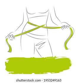 The woman measures her waist with a tailor meter. Outlines of a girl silhouette. Hand-drawn vector outline illustration. Isolated on white.