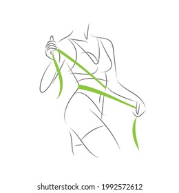 The woman measures her waist with a tailors meter. Outlines of a girl silhouette. Isolated on white. Hand-drawn vector outline illustration.