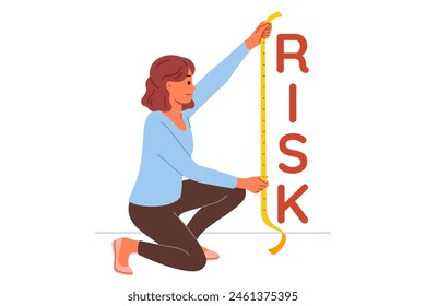 Woman measures possible risks when concluding business deal or expensive purchase, using measuring tape. Concept of importance of risks testing and situation analysis to find weak points