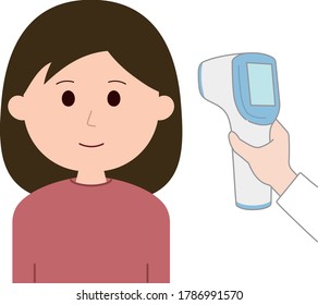Woman measuring a body temperature using infrared forehead thermometer gun for corona virus. Vector illustration isolated on white background.
