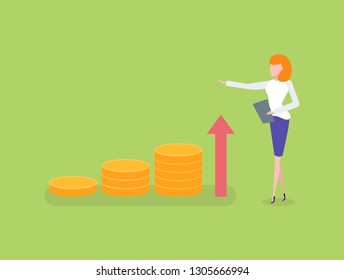 Woman measuring growing chart, golden coins and money isolated. Vector female character in blue skirt, financial analytic isolated, investment concept