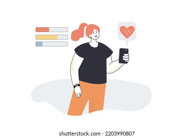 Woman Measuring Heart Rate Using Phone Flat Vector Illustration. Girl Using Health Application. Healthcare, Technology, Device Concept For Banner, Website Design Or Landing Web Page