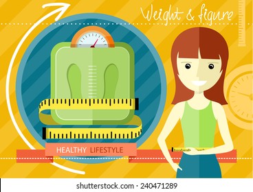 Woman measuring her slim body. Flat design colorful concept for keeping fit, weight loss, fitness, dieting, nutrition regime, healthy lifestyle on stylish background