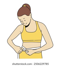 Woman measuring her waist by measuring tape handdrawn illustration