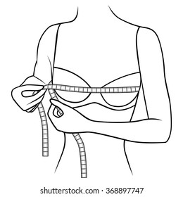 Woman measuring the size of her chest with tape measure, outline vector artwork