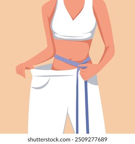 Mujer que mide la cintura después de perder peso. Dieta y estado físico. Bajar de peso en la cintura. Ilustración vectorial para publicidad, Sitio web, Anuncio, carteles